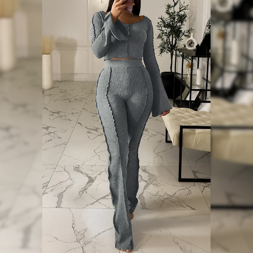 ✨ Ensemble deux pièces pour femme – Haut court à manches longues & pantalon évasé 👗👠