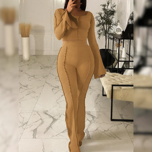 ✨ Ensemble deux pièces pour femme – Haut court à manches longues & pantalon évasé 👗👠