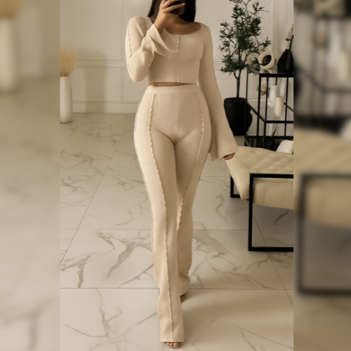 ✨ Ensemble deux pièces pour femme – Haut court à manches longues & pantalon évasé 👗👠