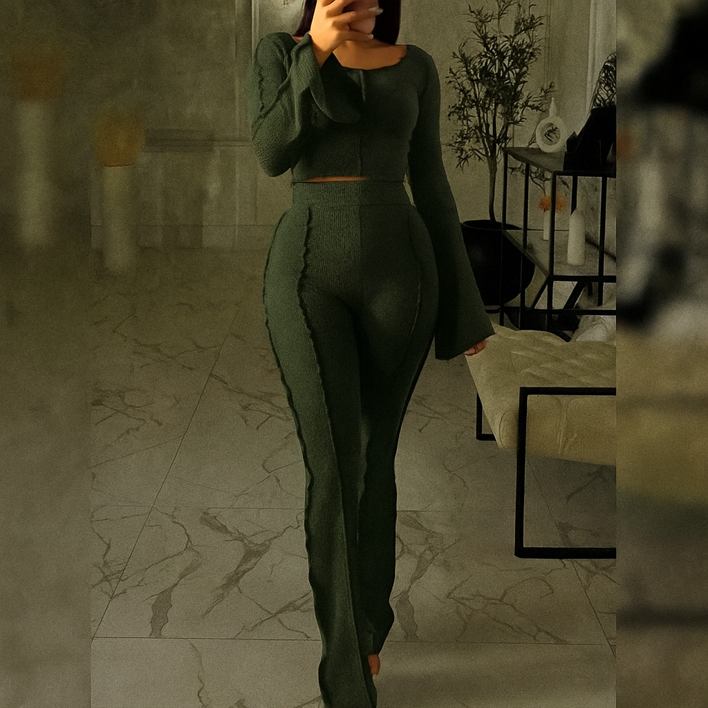 ✨ Ensemble deux pièces pour femme – Haut court à manches longues & pantalon évasé 👗👠