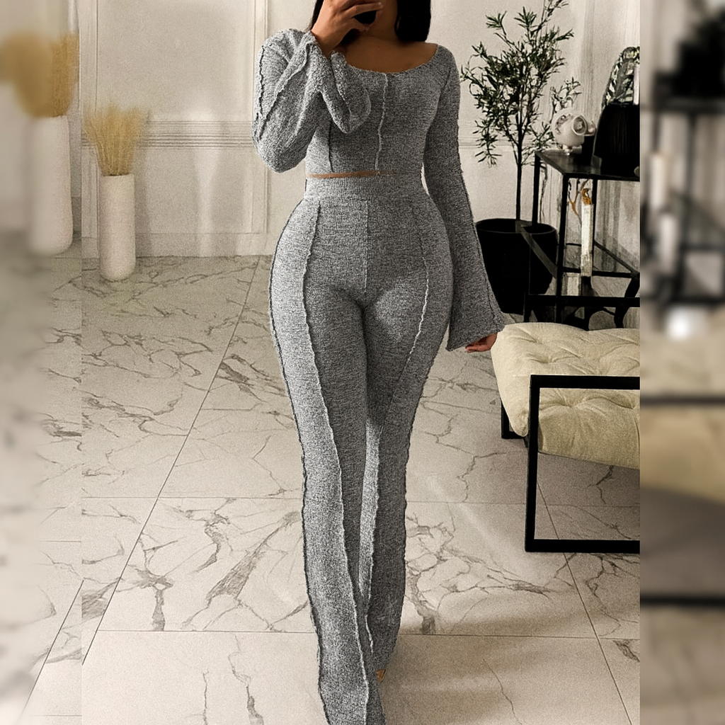 ✨ Ensemble deux pièces pour femme – Haut court à manches longues & pantalon évasé 👗👠
