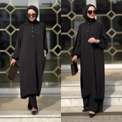 Ensemble abaya deux pièces – Tunique longue à boutons & pantalon fluide ✨