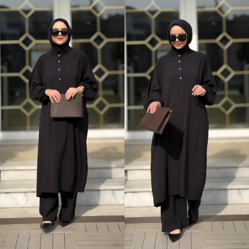 Ensemble abaya deux pièces – Tunique longue à boutons & pantalon fluide ✨
