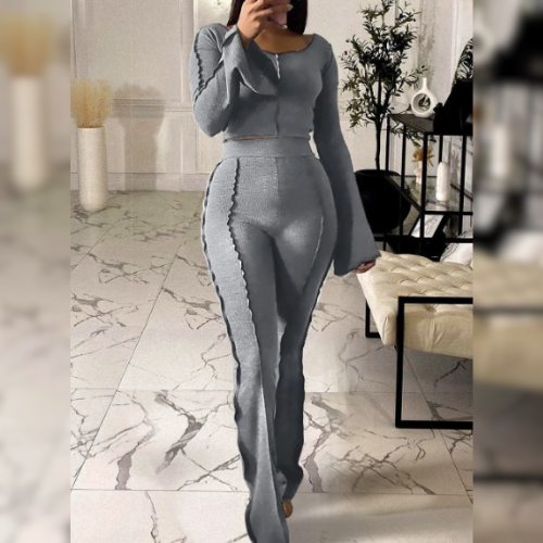 ✨ Ensemble deux pièces pour femme – Haut court à manches longues & pantalon évasé 👗👠
